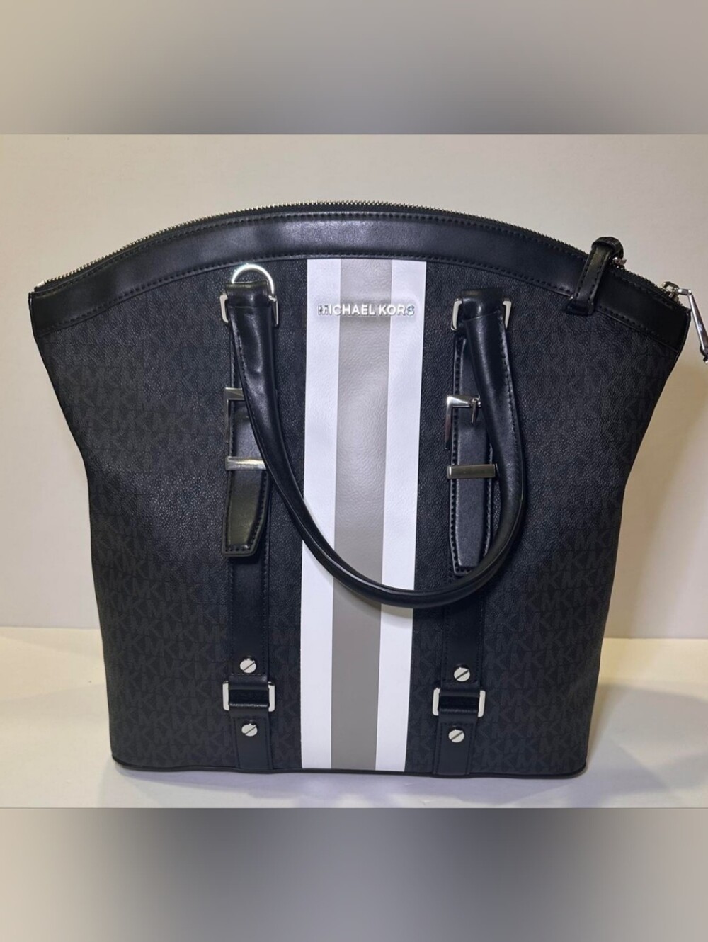 Michael Kors Large Black Tote with White and Gray Center Stripes